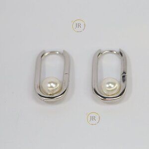 Sterling Silver Oval Pearl Earrings Rhodium Finish 2 cm •Lightweight Minimalist.